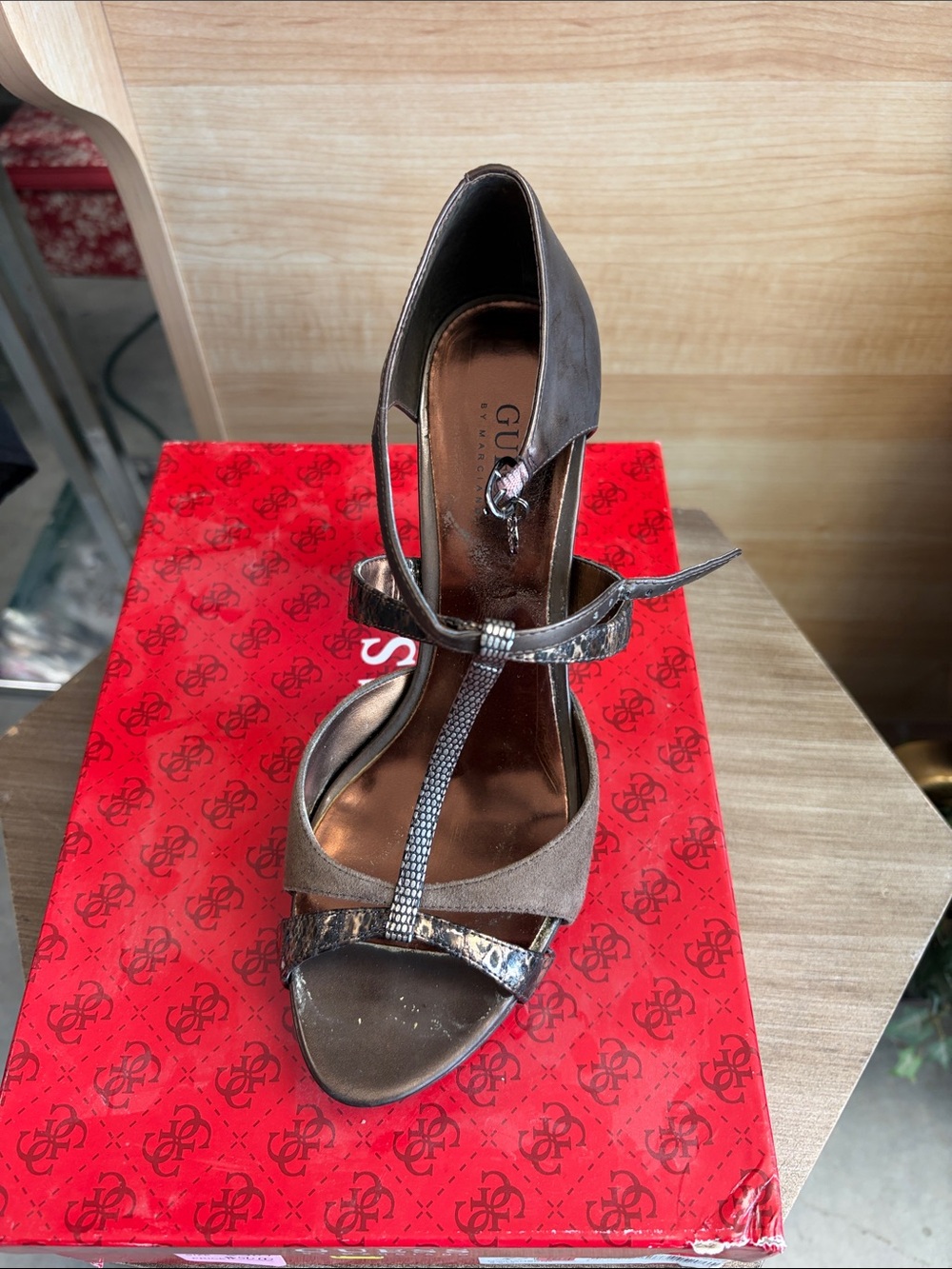 GUESS Brown Metallic T-Strap Heels with Rhinestone Detail TWWDRN
